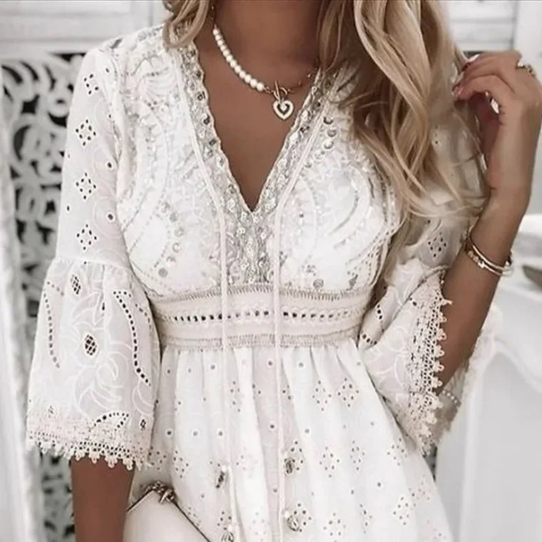 Boho V-Neck Mini Dress Embroidered Lace Bell Sleeves