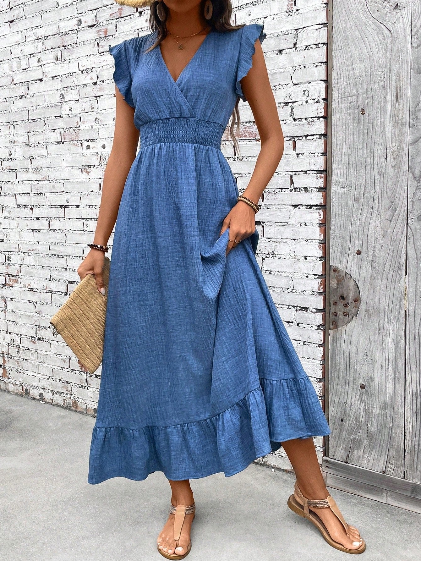 Boho V-Neck Smocked Waist Maxi Dress Ruffle Hem - Blue