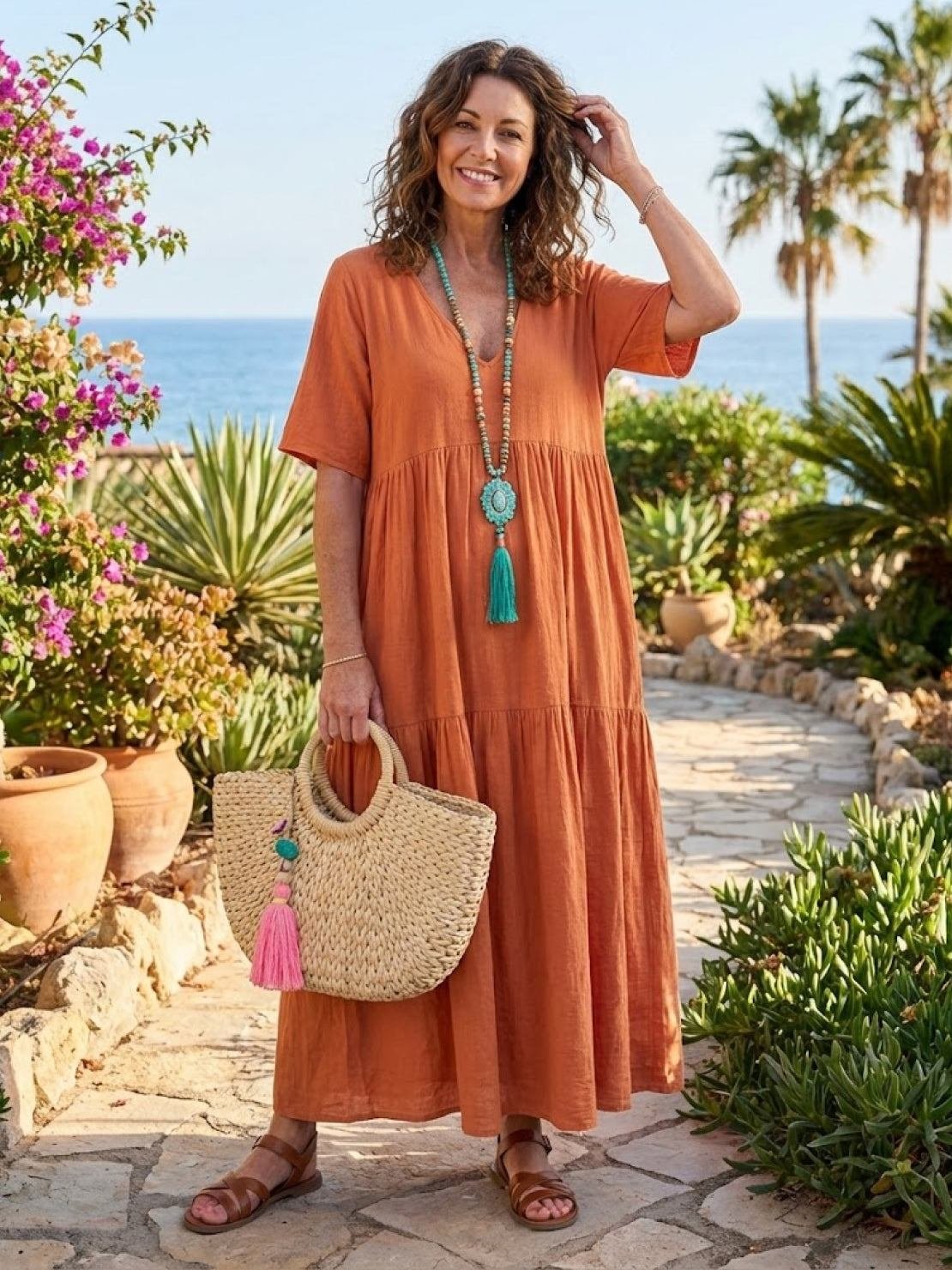 Boho V-Neck Tiered Maxi Swing Dress Short Sleeves