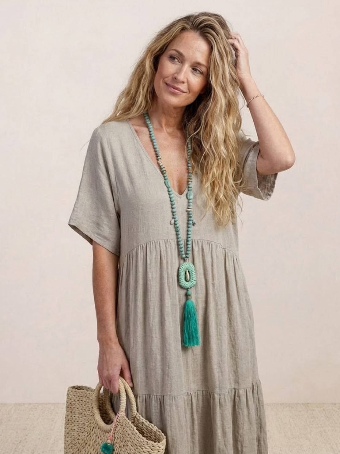 Boho V-Neck Tiered Maxi Swing Dress Short Sleeves