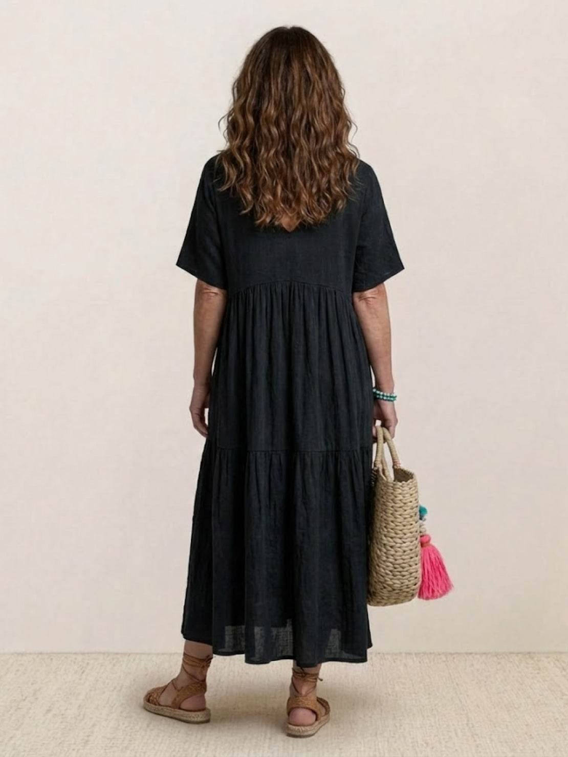 Boho V-Neck Tiered Maxi Swing Dress Short Sleeves