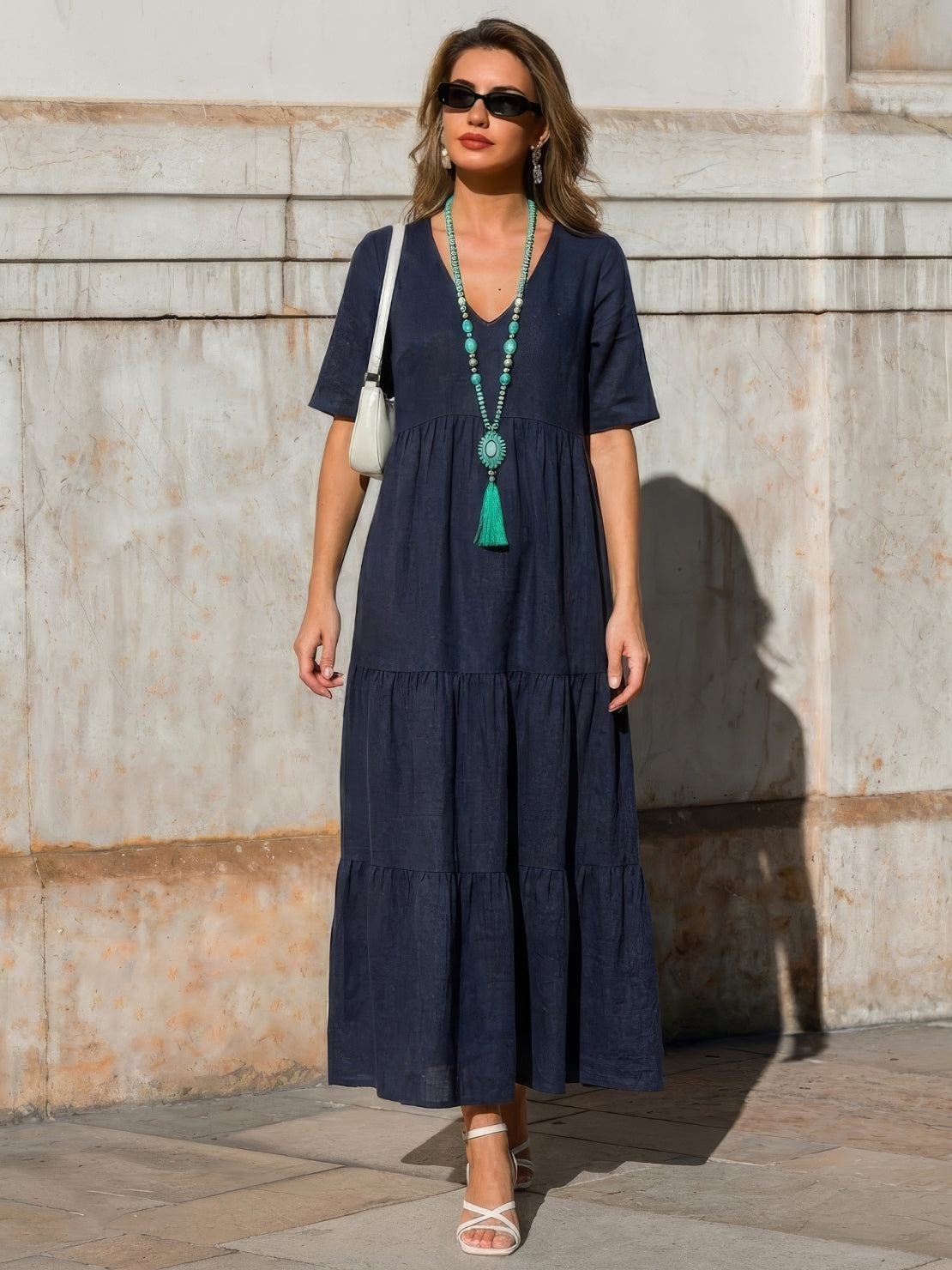 Boho V-Neck Tiered Maxi Swing Dress Short Sleeves
