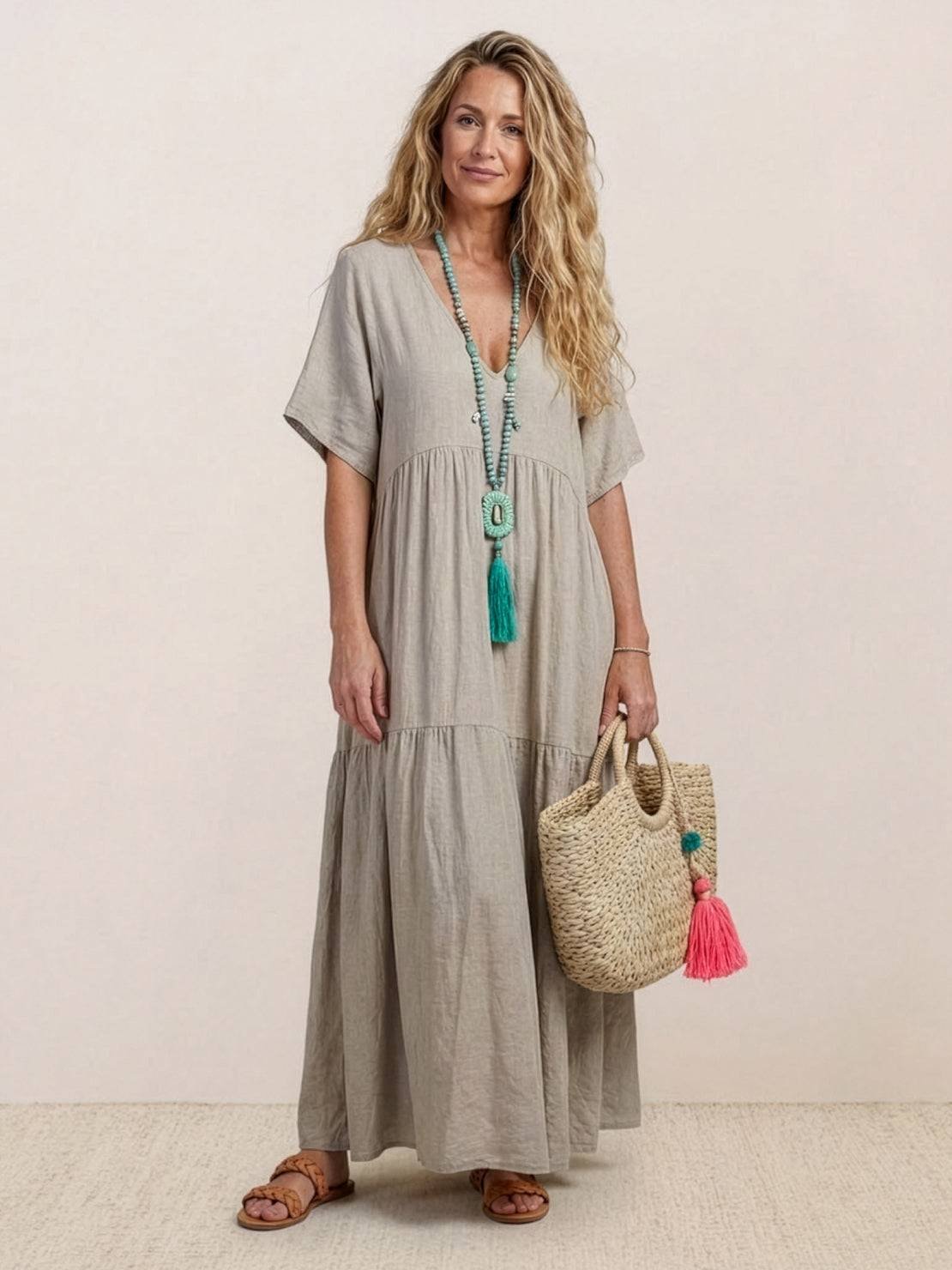 Boho V-Neck Tiered Maxi Swing Dress Short Sleeves - Apricot