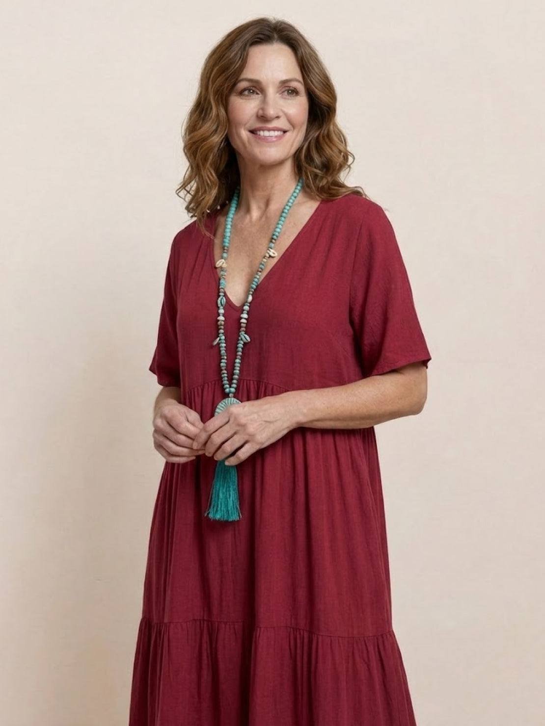 Boho V-Neck Tiered Maxi Swing Dress Short Sleeves