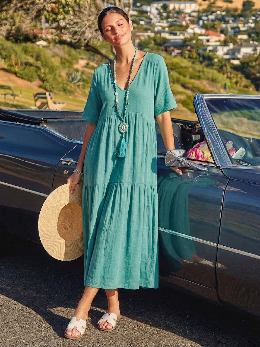 Boho V-Neck Tiered Maxi Swing Dress Short Sleeves