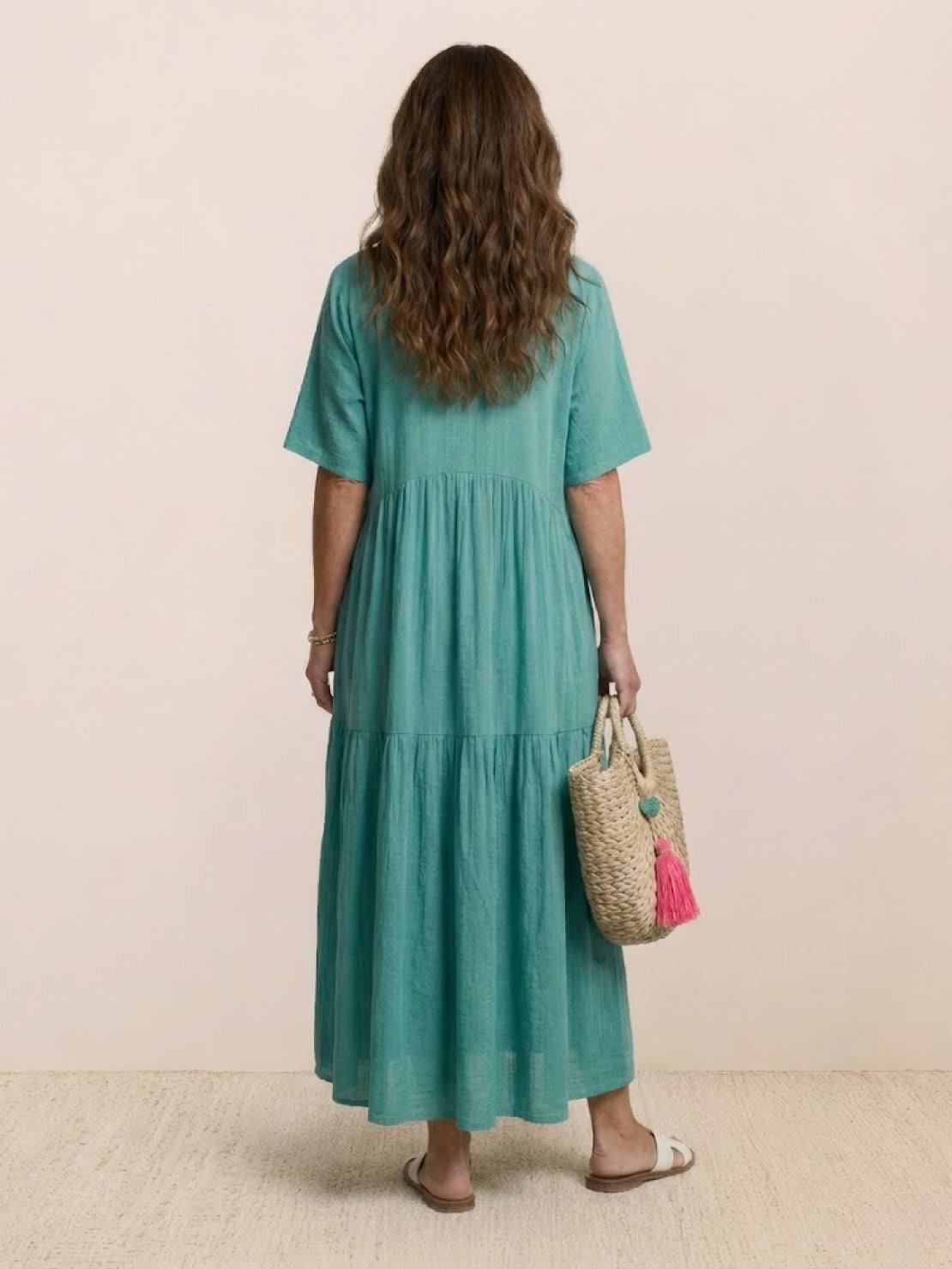 Boho V-Neck Tiered Maxi Swing Dress Short Sleeves