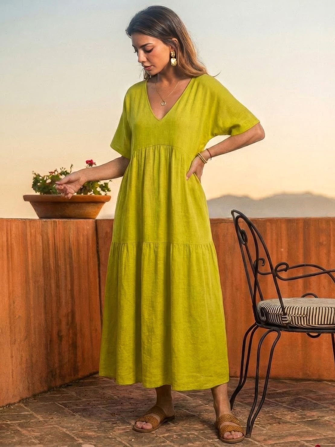 Boho V-Neck Tiered Maxi Swing Dress Short Sleeves