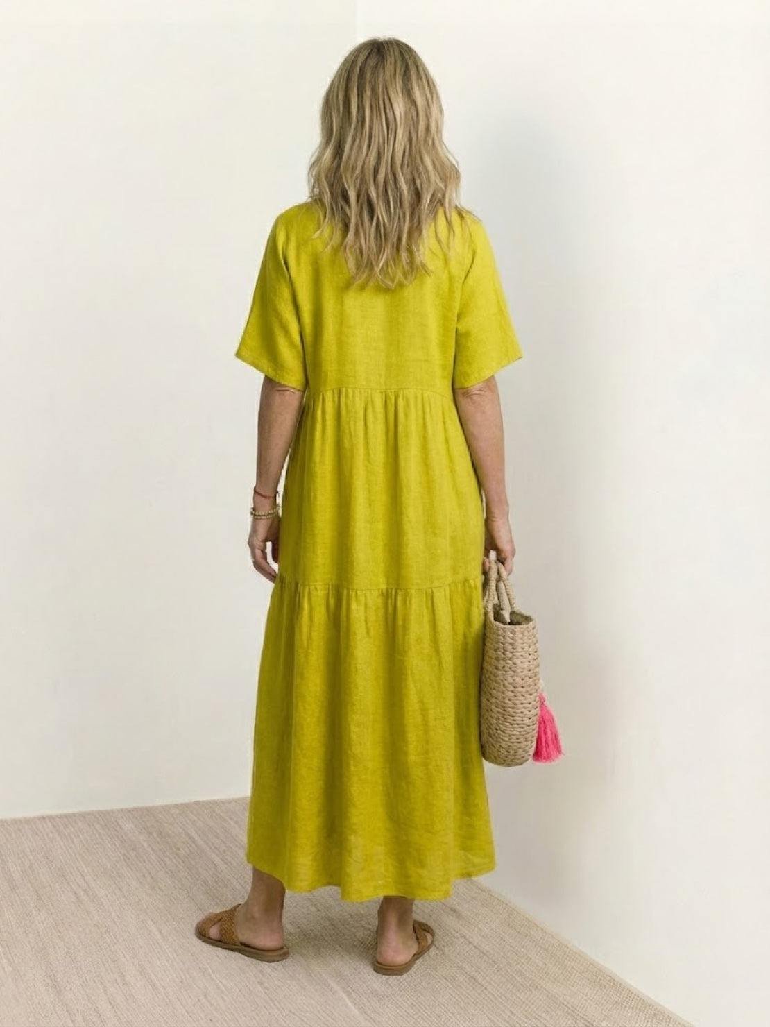 Boho V-Neck Tiered Maxi Swing Dress Short Sleeves