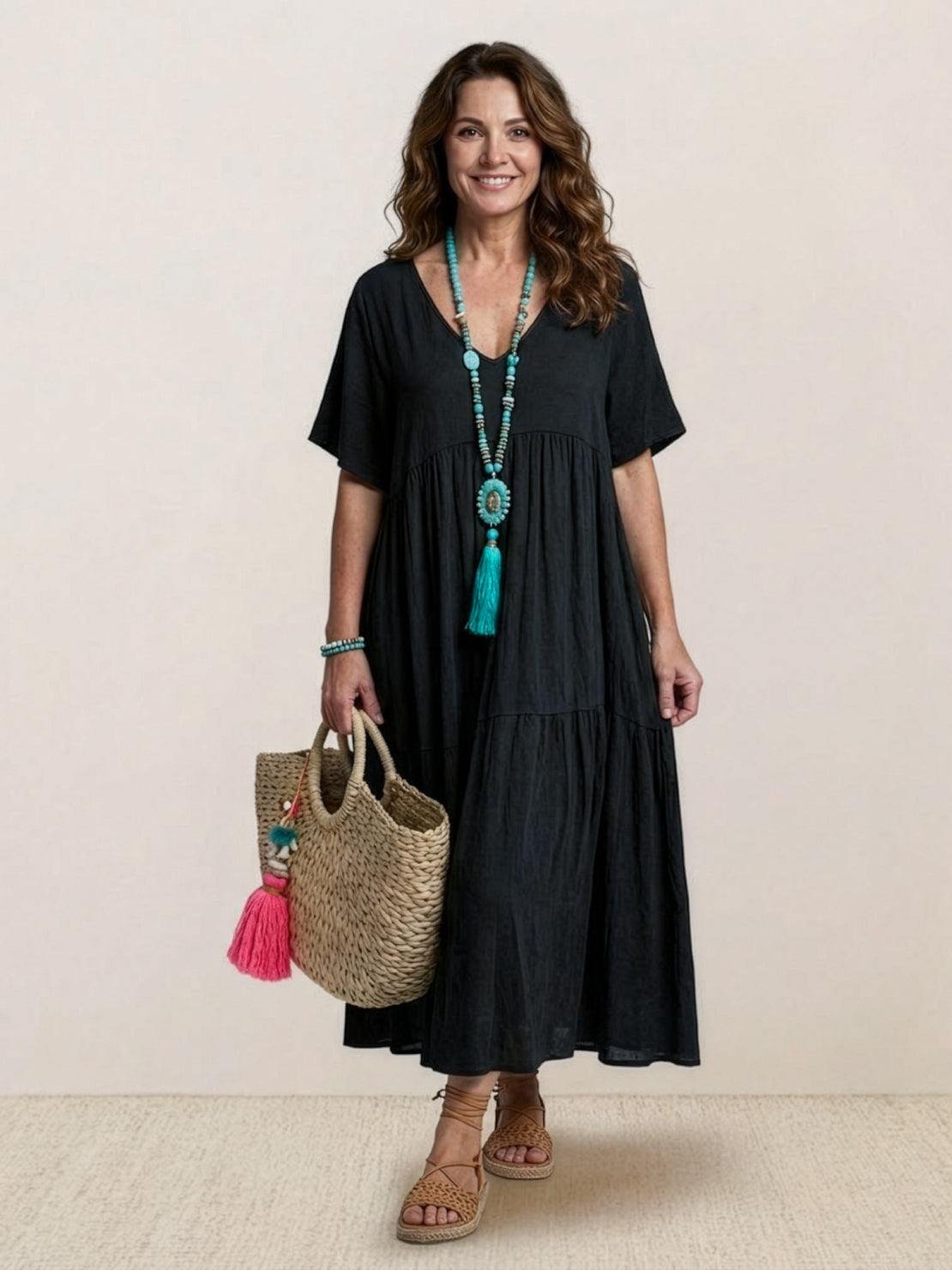 Boho V-Neck Tiered Maxi Swing Dress Short Sleeves - Black