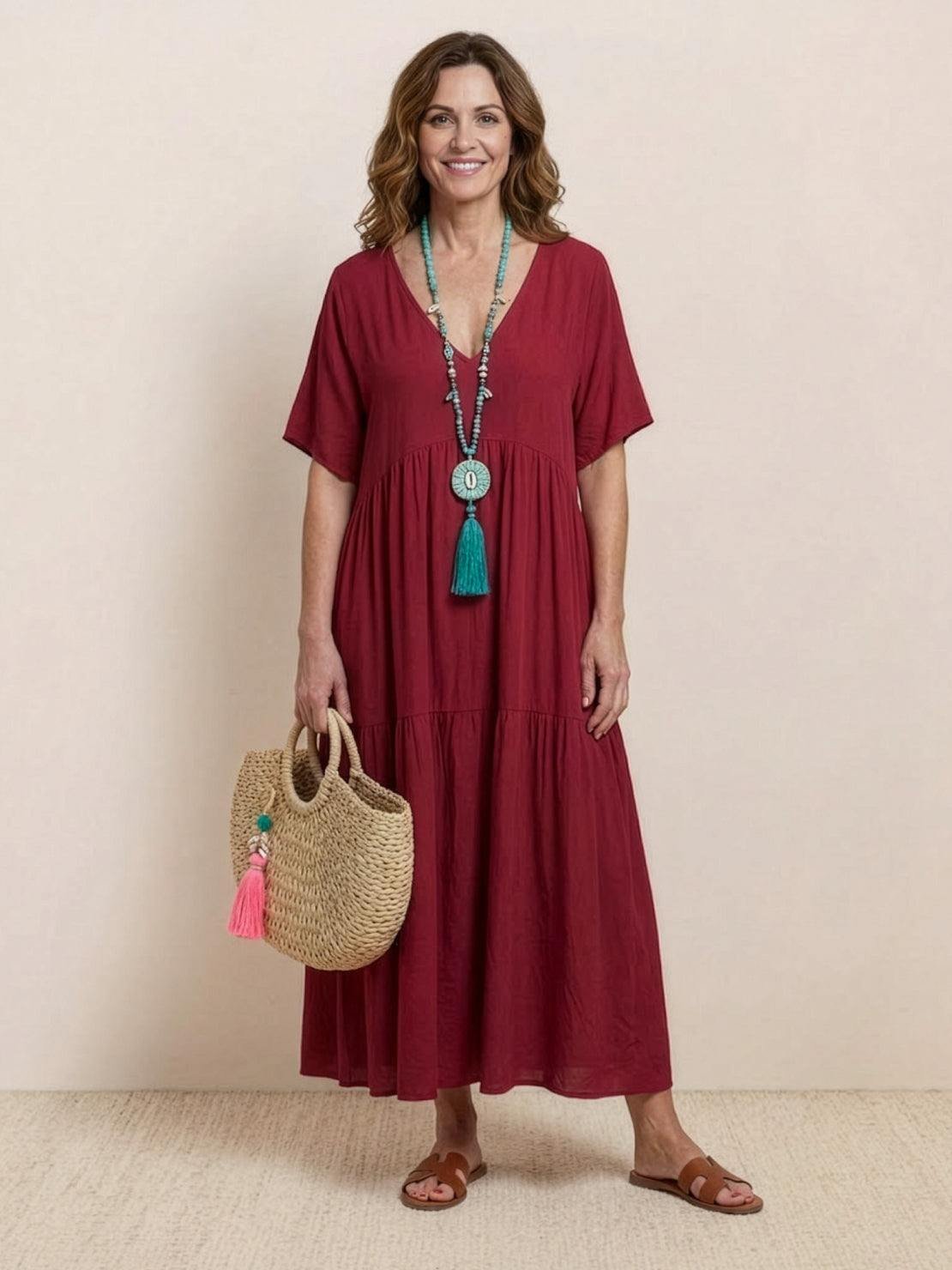 Boho V-Neck Tiered Maxi Swing Dress Short Sleeves - Red