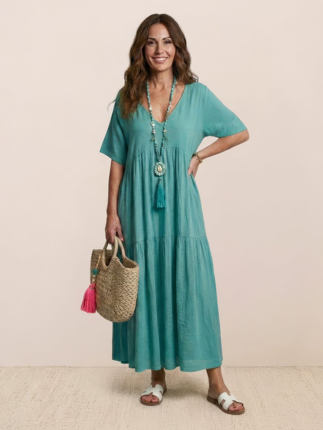 Boho V-Neck Tiered Maxi Swing Dress Short Sleeves - Peacock Blue