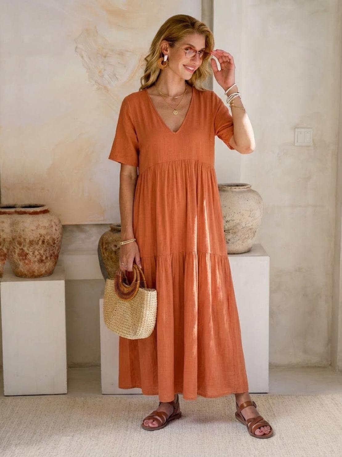 Boho V-Neck Tiered Maxi Swing Dress Short Sleeves