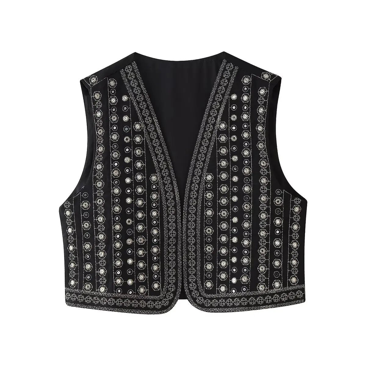 Boho Vest Sequin Embroidered Sleeveless - Black