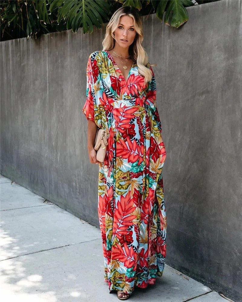 Boho Wrap Maxi Dress Kimono Style Tropical Print