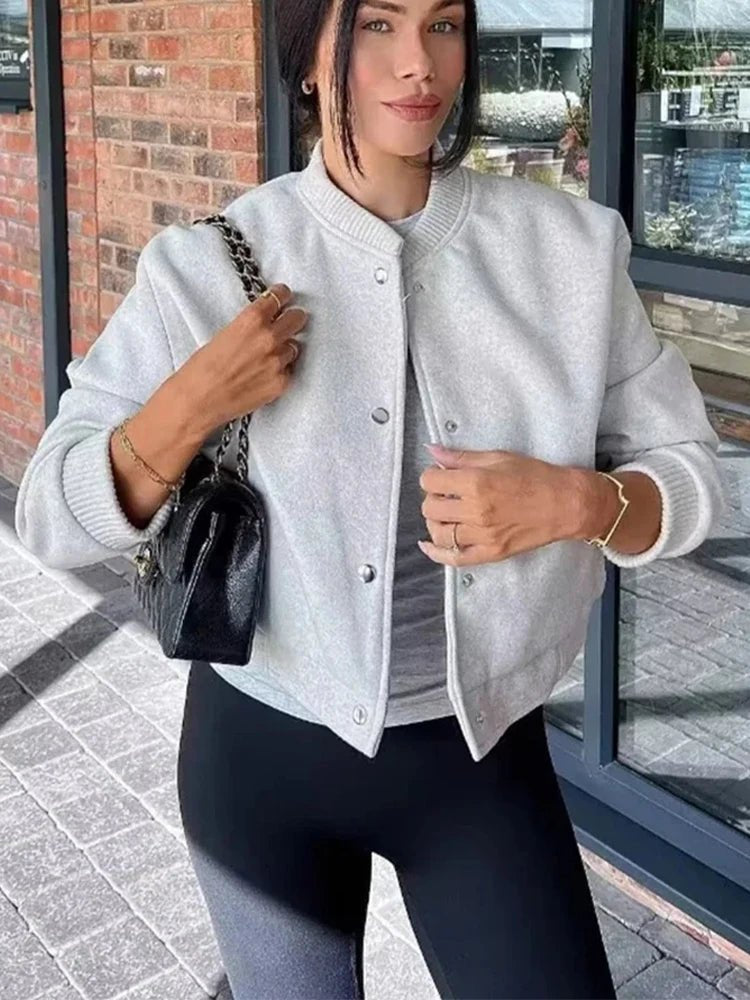 Bomber Jacket Cropped Ribbed Snap Button Women's - Beige