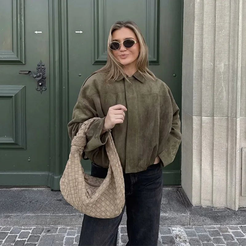 Bomber Jacket Zip Front Cropped Pointed Collar Women's - Green