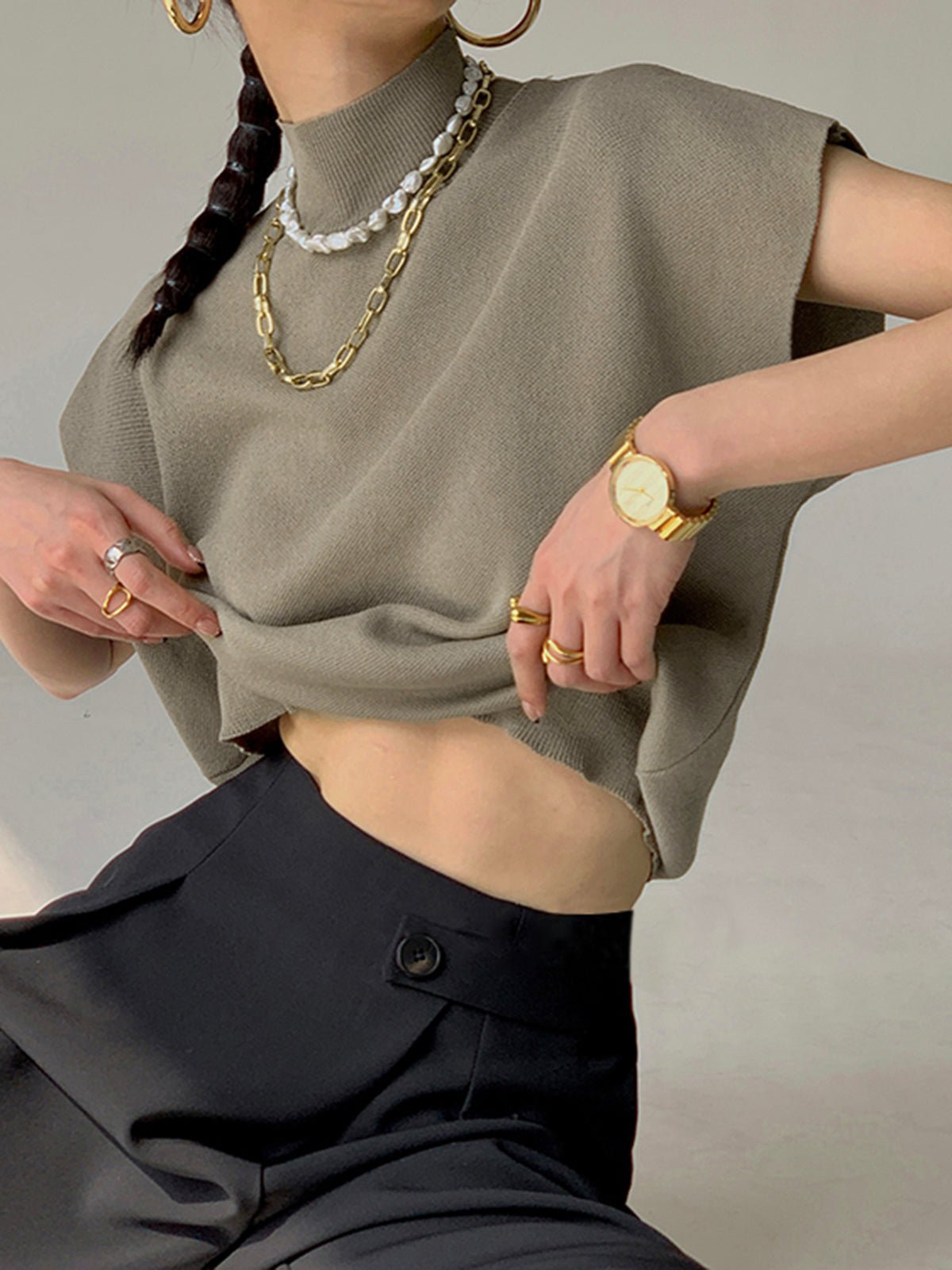 Cargo Style Sleeveless Mock Neck Top Padded Shoulders