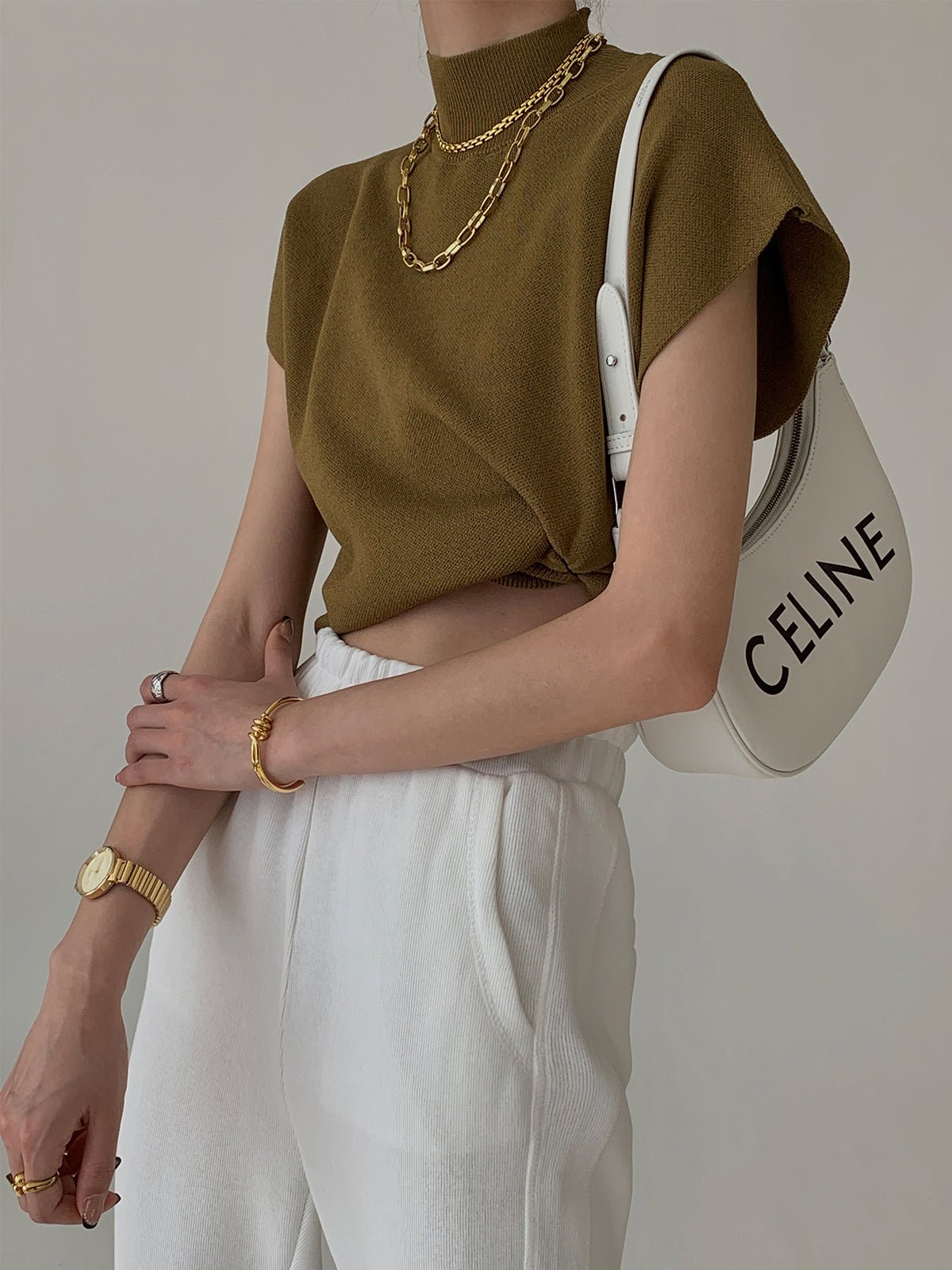 Cargo Style Sleeveless Mock Neck Top Padded Shoulders