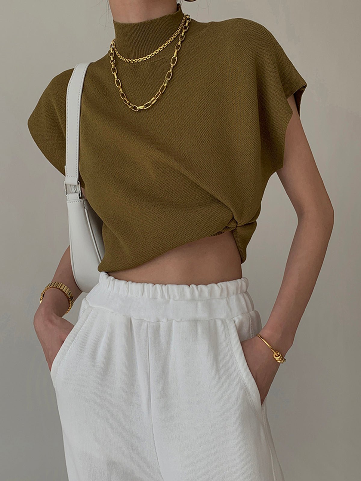 Cargo Style Sleeveless Mock Neck Top Padded Shoulders - Light Brown