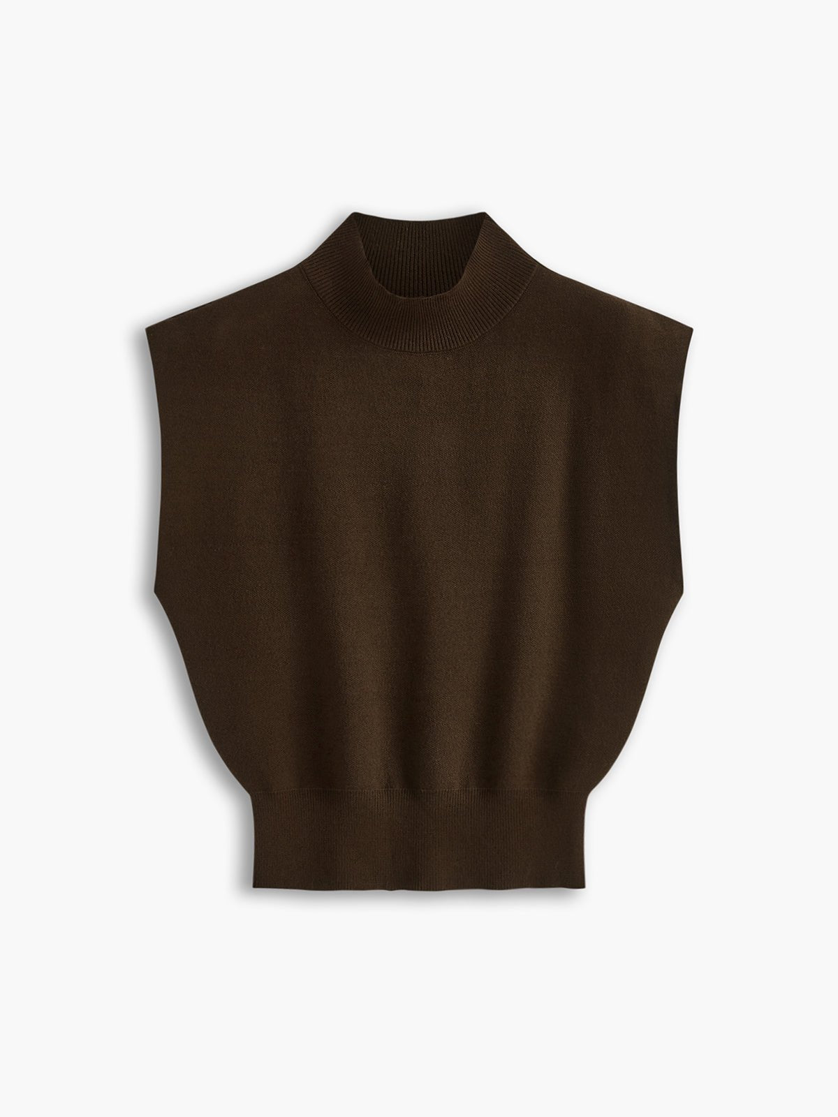 Cargo Style Sleeveless Mock Neck Top Padded Shoulders - Dark Brown