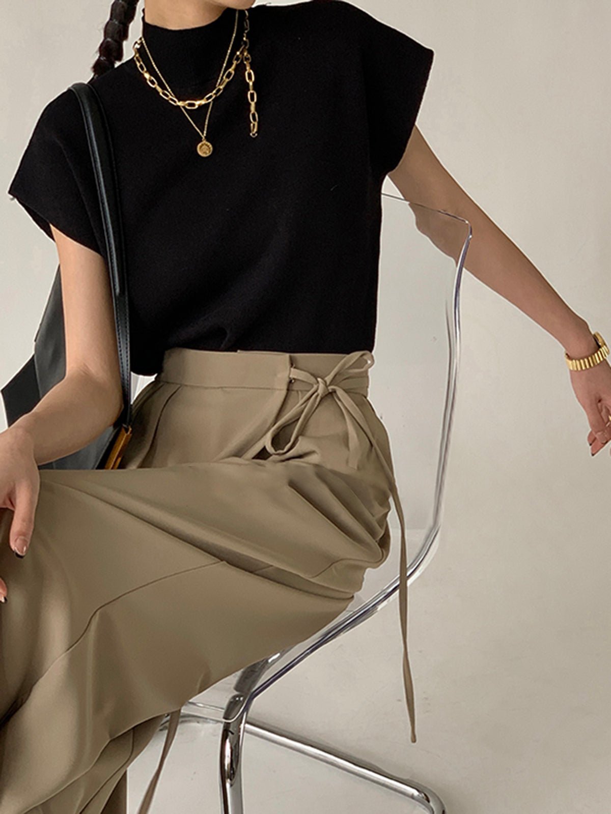 Cargo Style Sleeveless Mock Neck Top Padded Shoulders