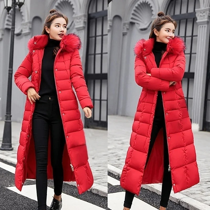 Women's Long Belted Fur Hood Puffer Coat