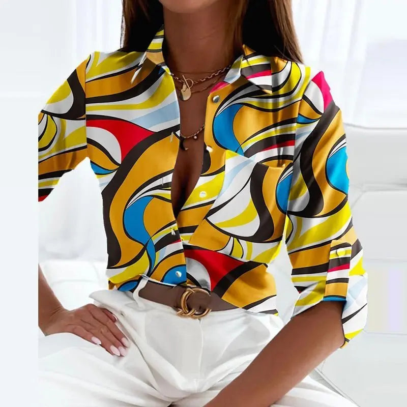 Collared Blouse Long Sleeve Printed Button Down - Yellow Labyrinth