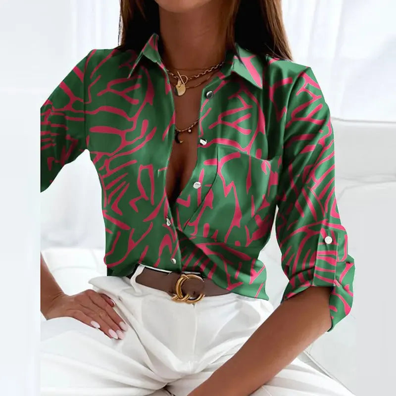 Collared Blouse Long Sleeve Printed Button Down