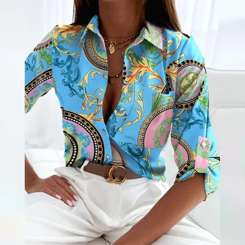 Collared Blouse Long Sleeve Printed Button Down - Light Blue