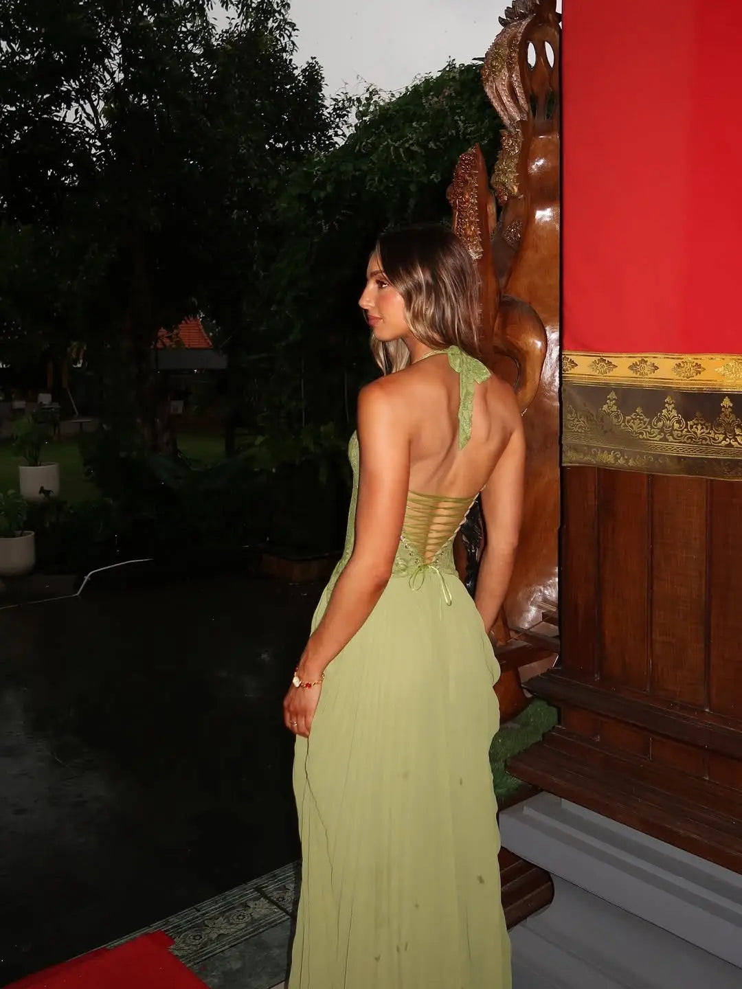 Corset Maxi Dress Halter Neck Pleated Skirt Wedding Guest