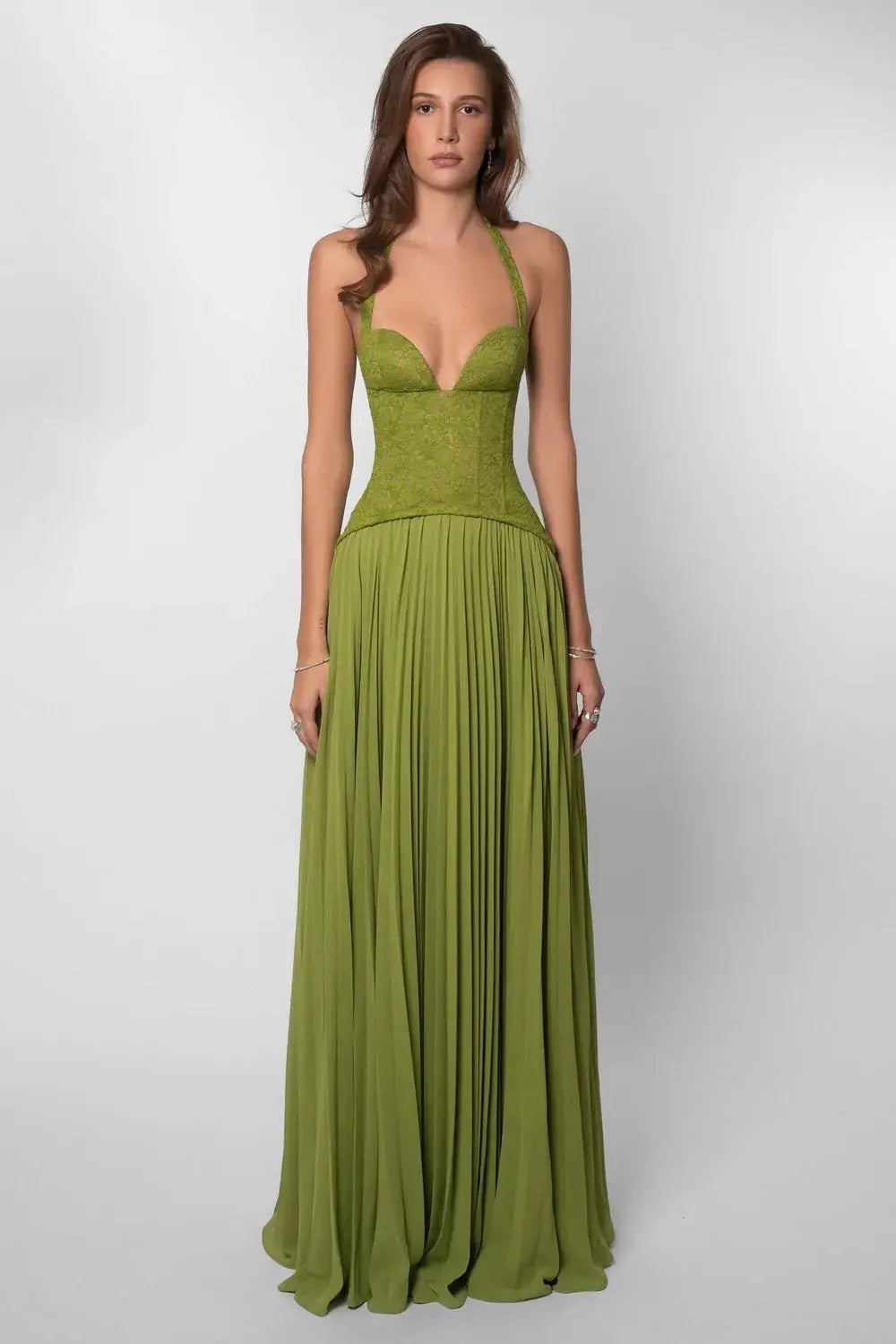 Corset Maxi Dress Halter Neck Pleated Skirt Wedding Guest