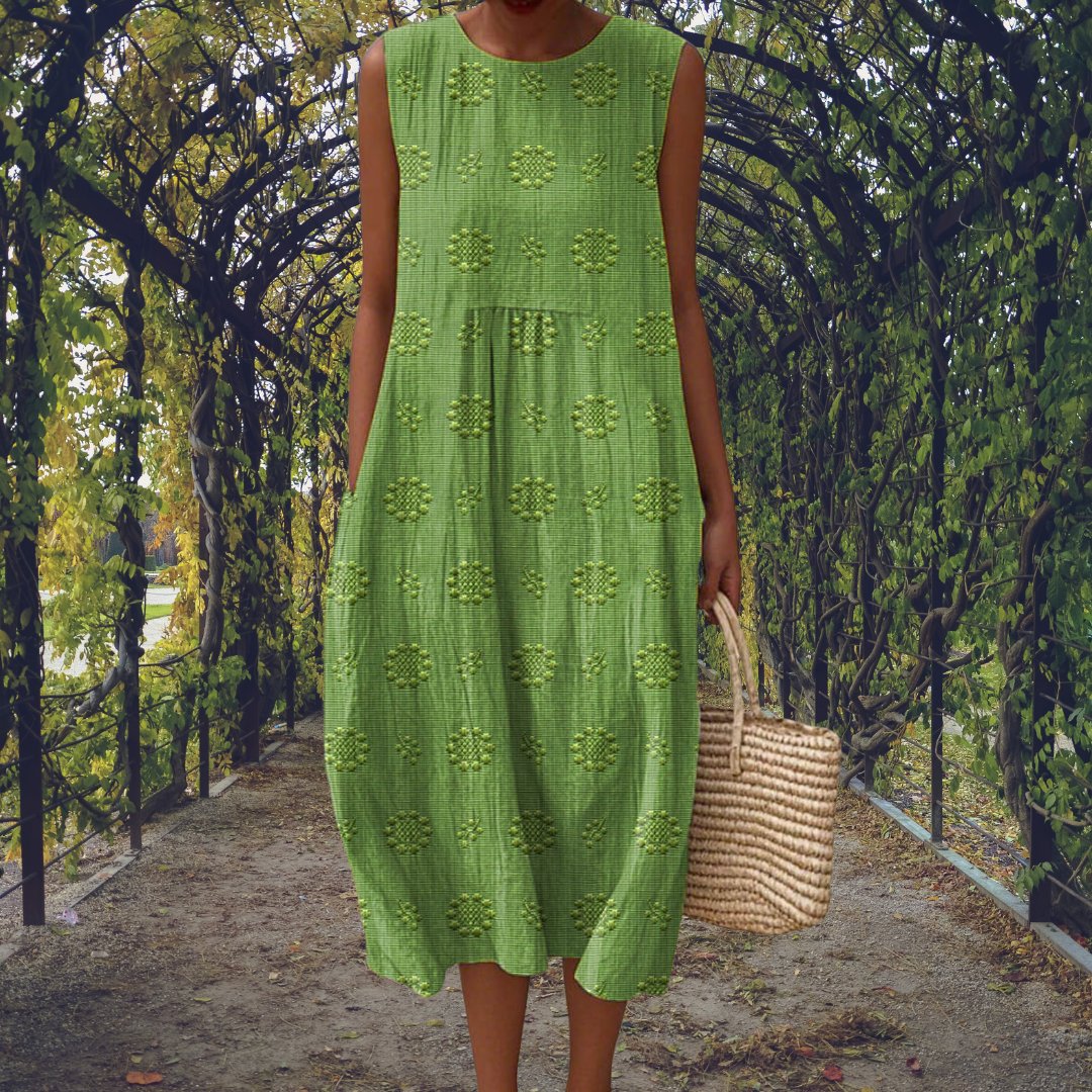 Cotton Embroidered Sleeveless Midi Dress - Green