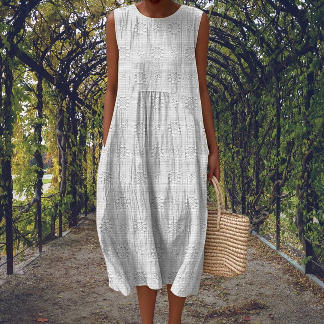 Cotton Embroidered Sleeveless Midi Dress - White