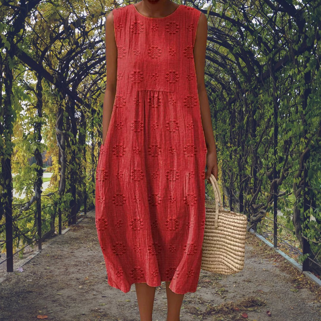Cotton Embroidered Sleeveless Midi Dress - Red