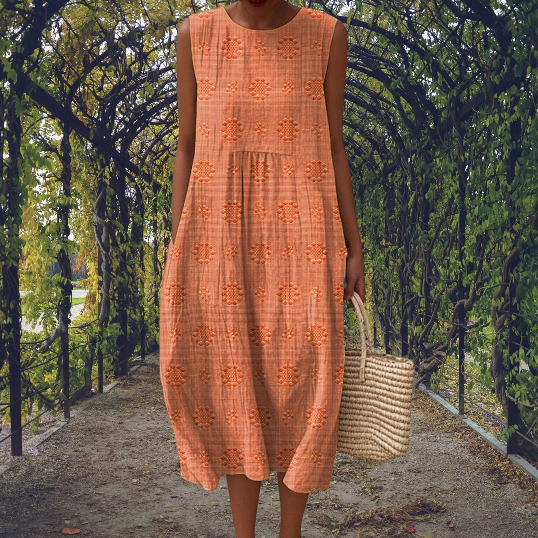 Cotton Embroidered Sleeveless Midi Dress - Orange