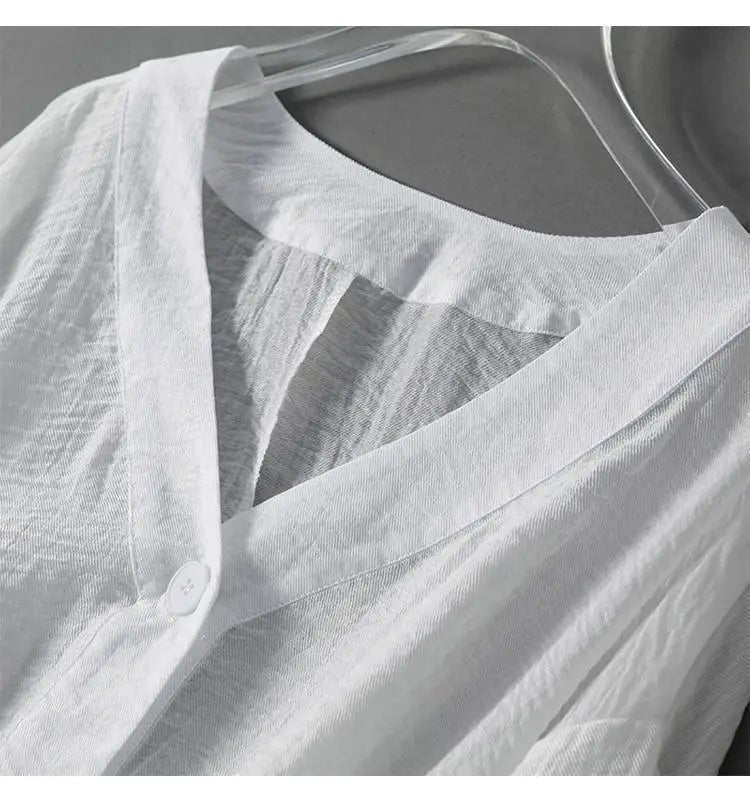 Cotton Linen Blouse Batwing Sleeves Button Detail