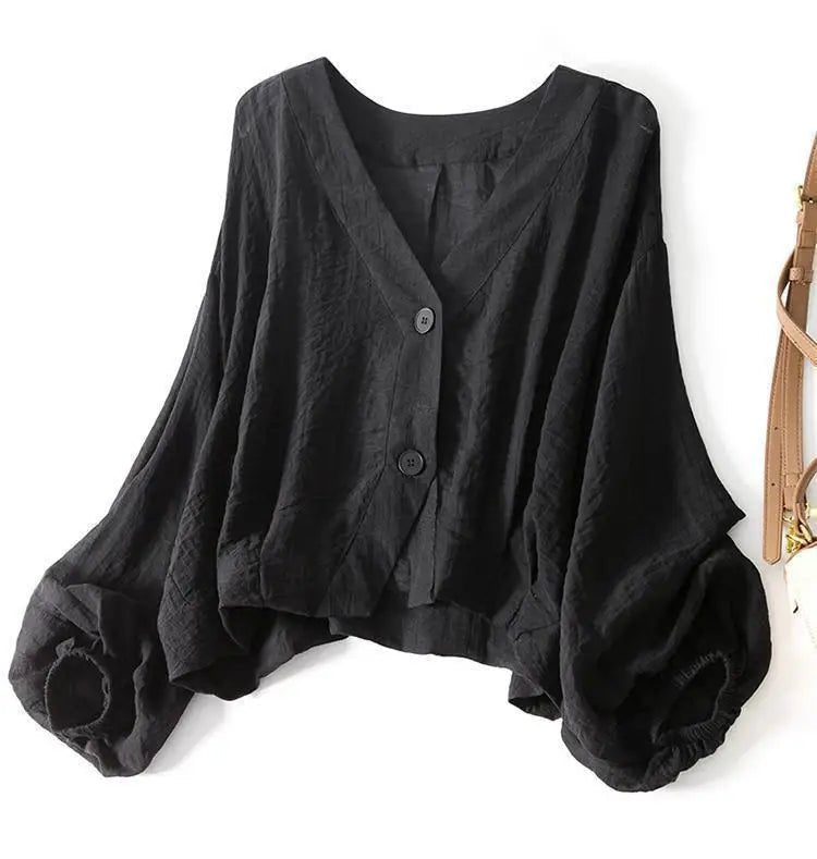 Cotton Linen Blouse Batwing Sleeves Button Detail - Black