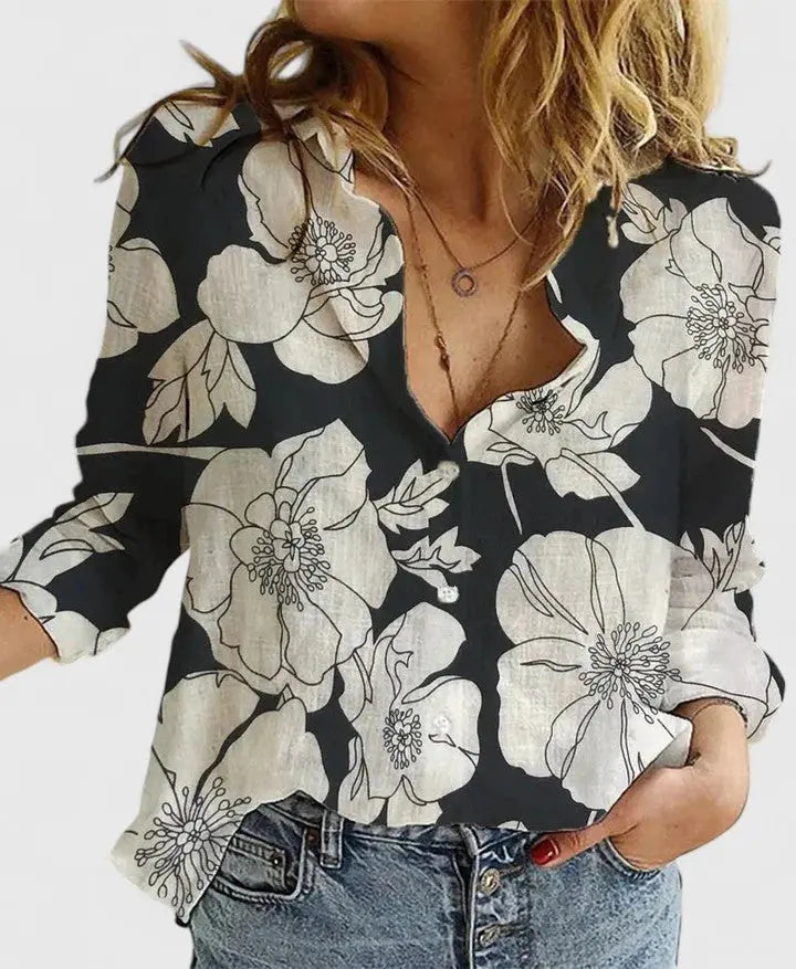Cotton Linen Blouse V-Neck Button Down Long Sleeve - Black 2