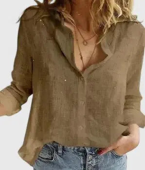 Cotton Linen Blouse V-Neck Button Down Long Sleeve - Brown