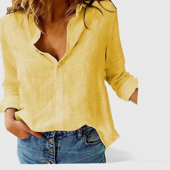 Cotton Linen Blouse V-Neck Button Down Long Sleeve - Yellow