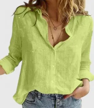 Cotton Linen Blouse V-Neck Button Down Long Sleeve - Green