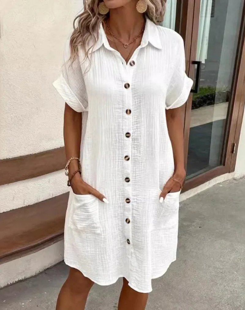 Cotton Shirt Dress Button-Down Collared Short Sleeve - White