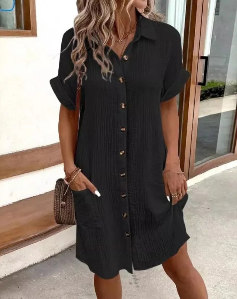 Cotton Shirt Dress Button-Down Collared Short Sleeve - Black