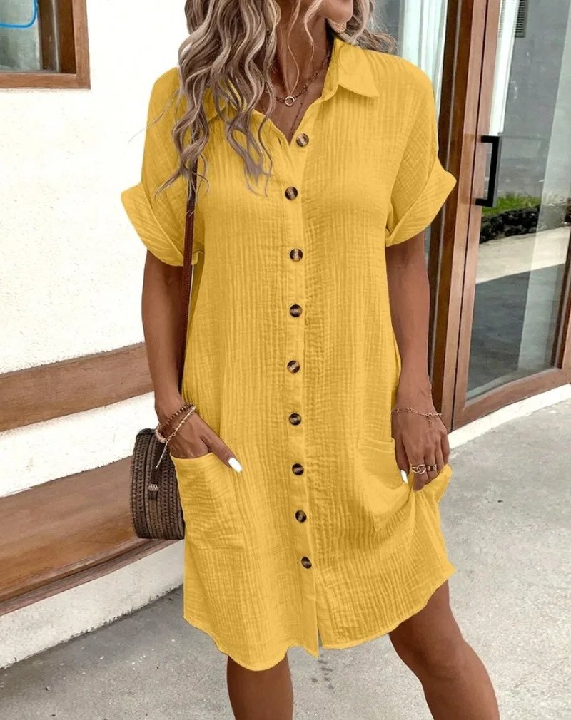 Cotton Shirt Dress Button-Down Collared Short Sleeve - Yellow