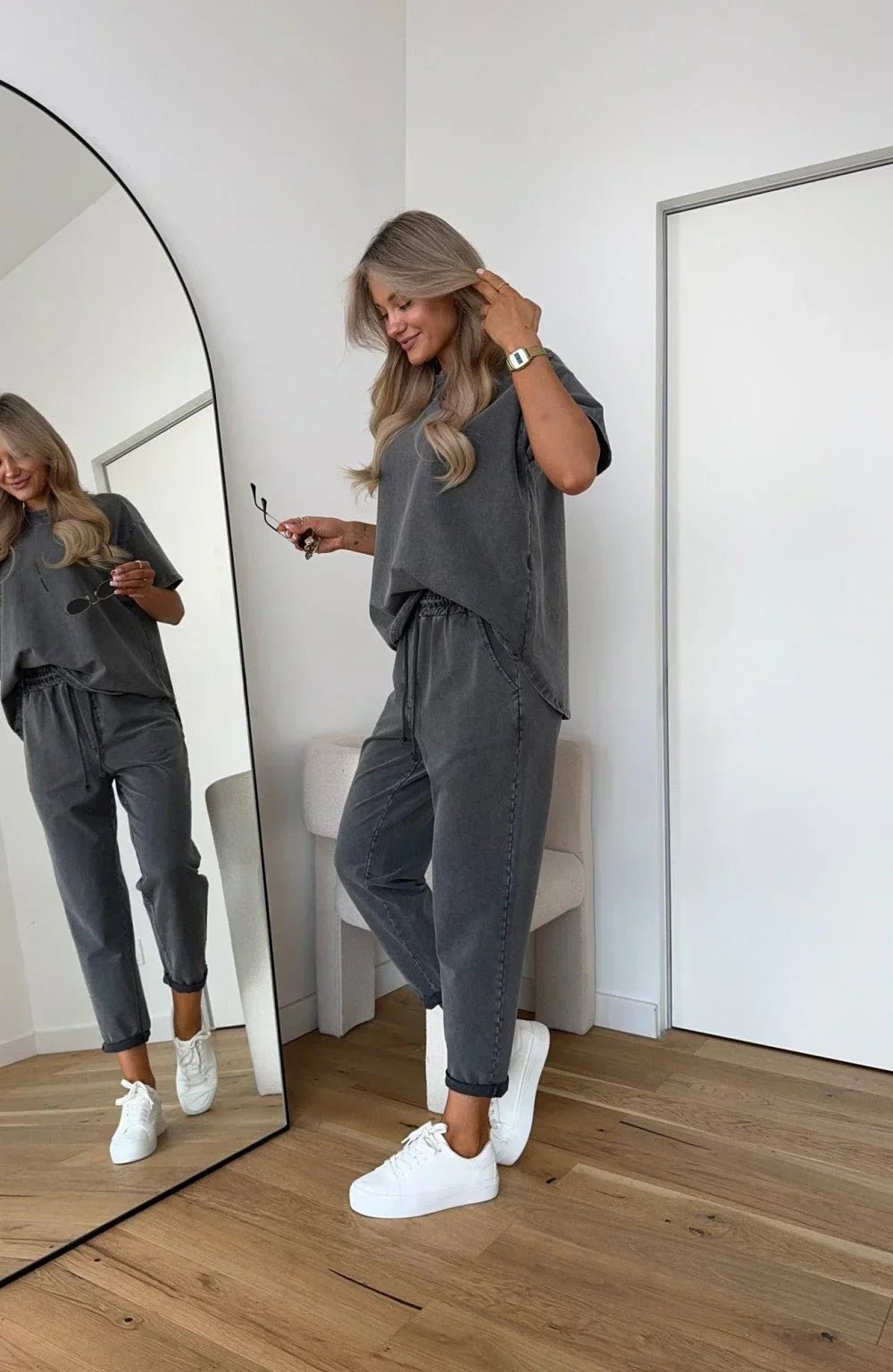 Cotton Two Piece Set Relaxed Fit Loungewear - Gray