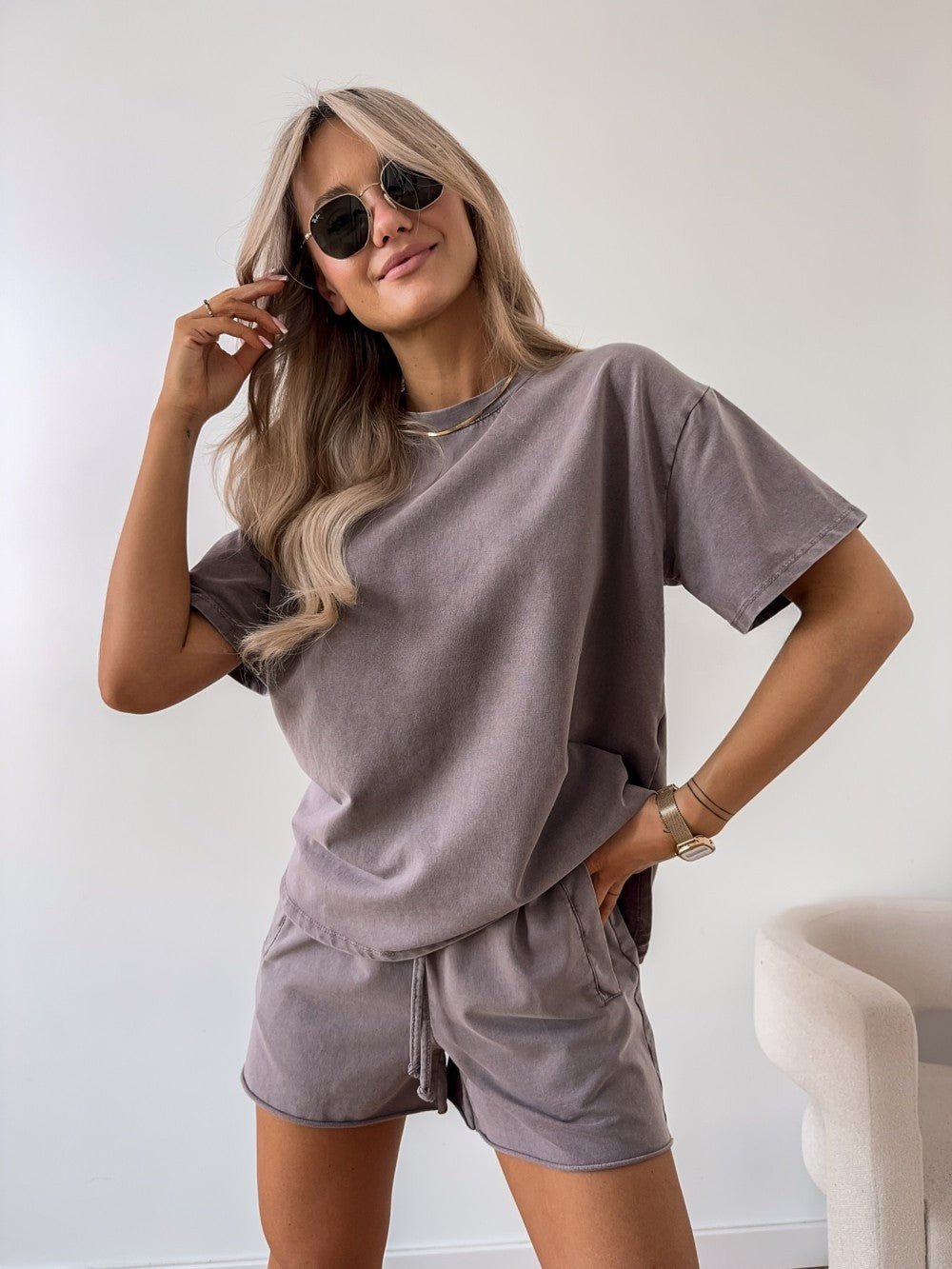 Cotton Two Piece Set Relaxed Fit Loungewear - Chocolate