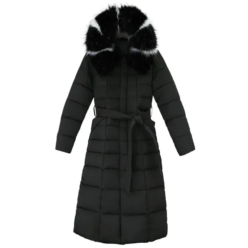 Women's Long Belted Fur Hood Puffer Coat