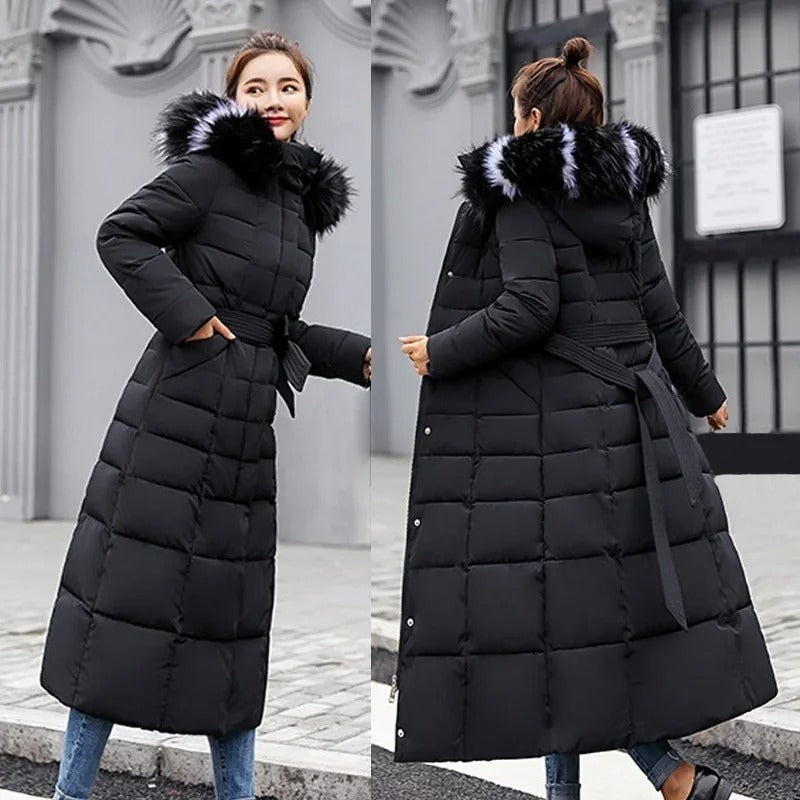 Women's Long Belted Fur Hood Puffer Coat