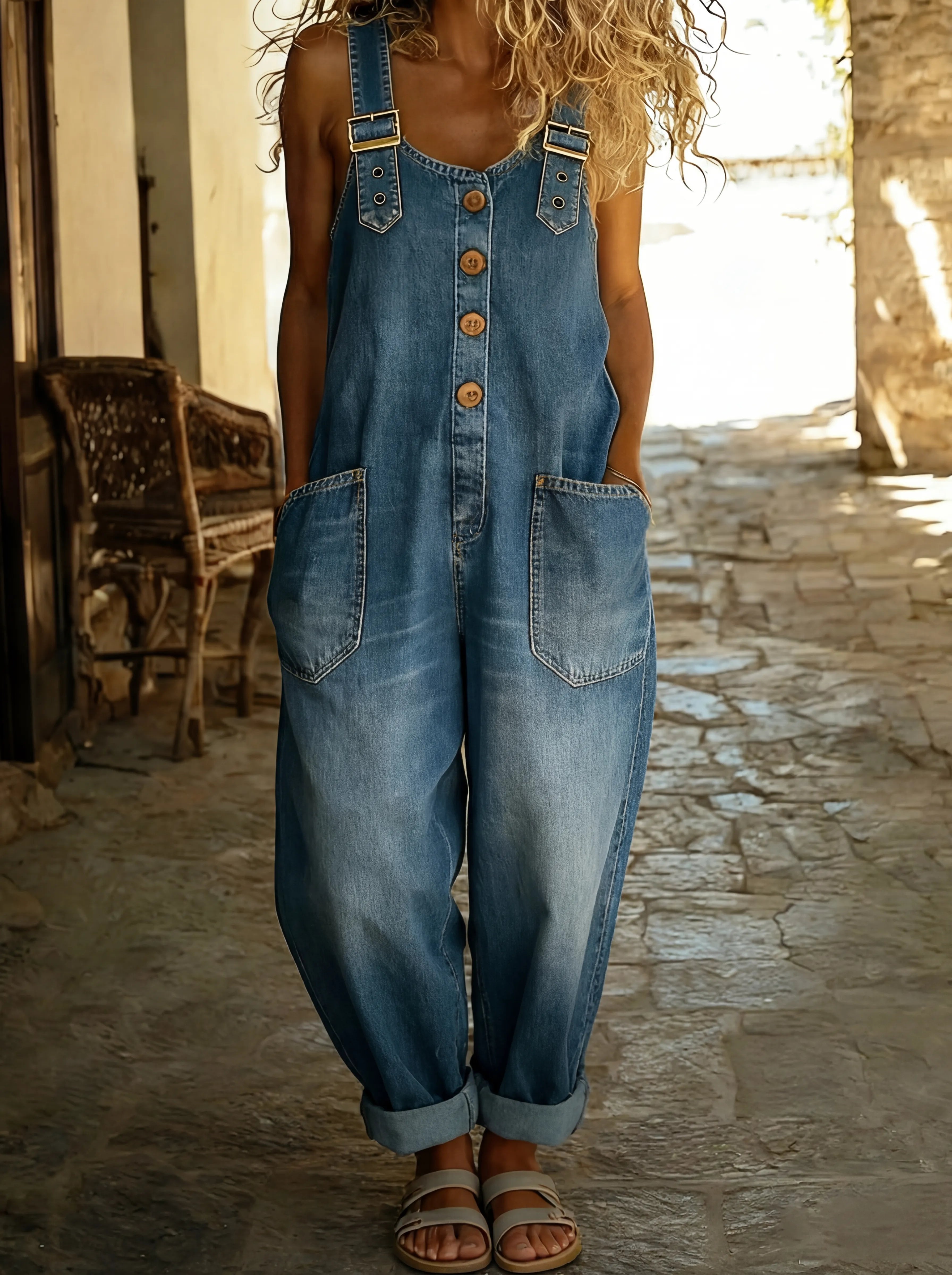 Denim Dungarees Wide Leg Button Front Adjustable Straps - Denim