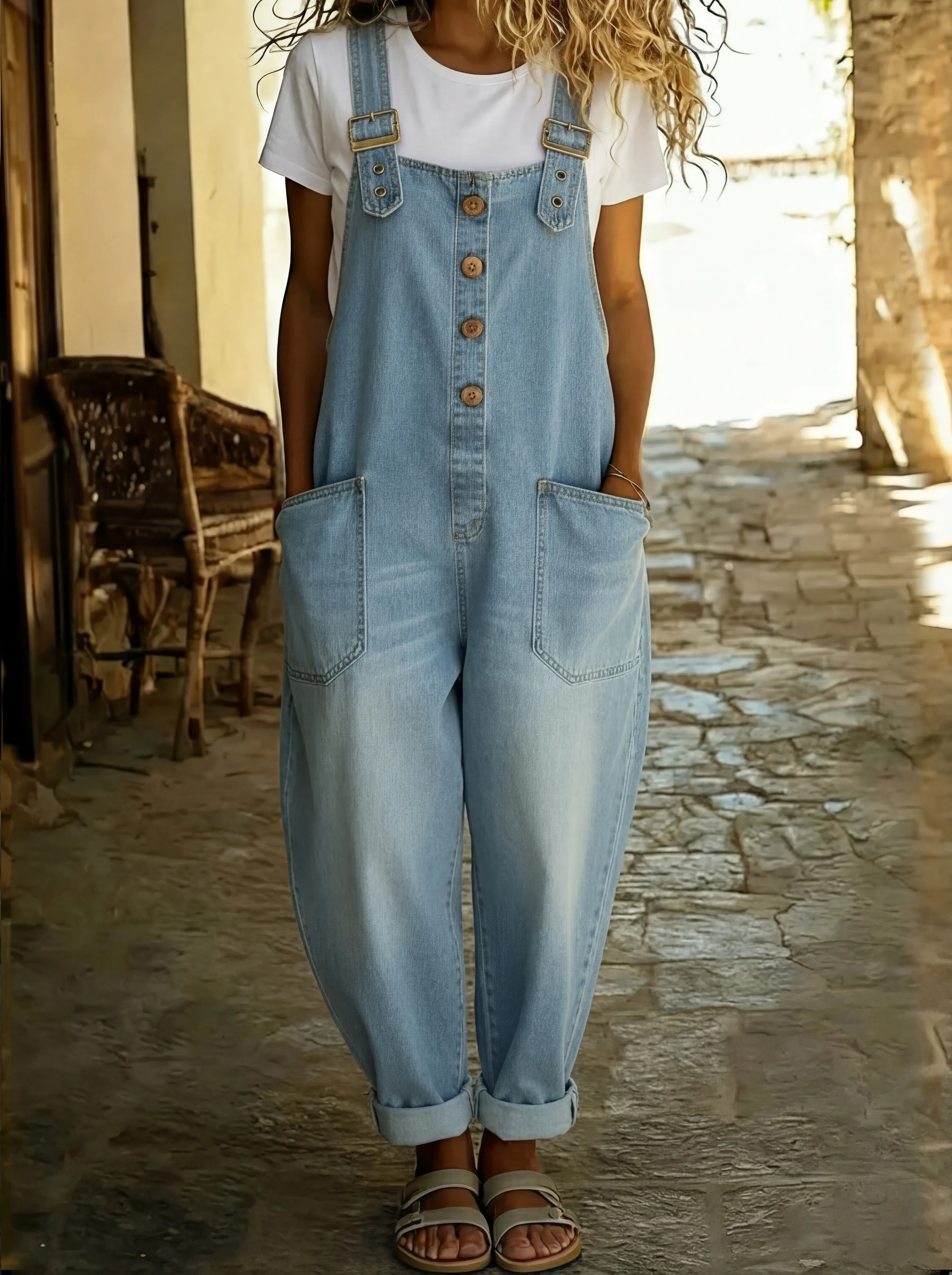 Denim Dungarees Wide Leg Button Front Adjustable Straps - Hellblau
